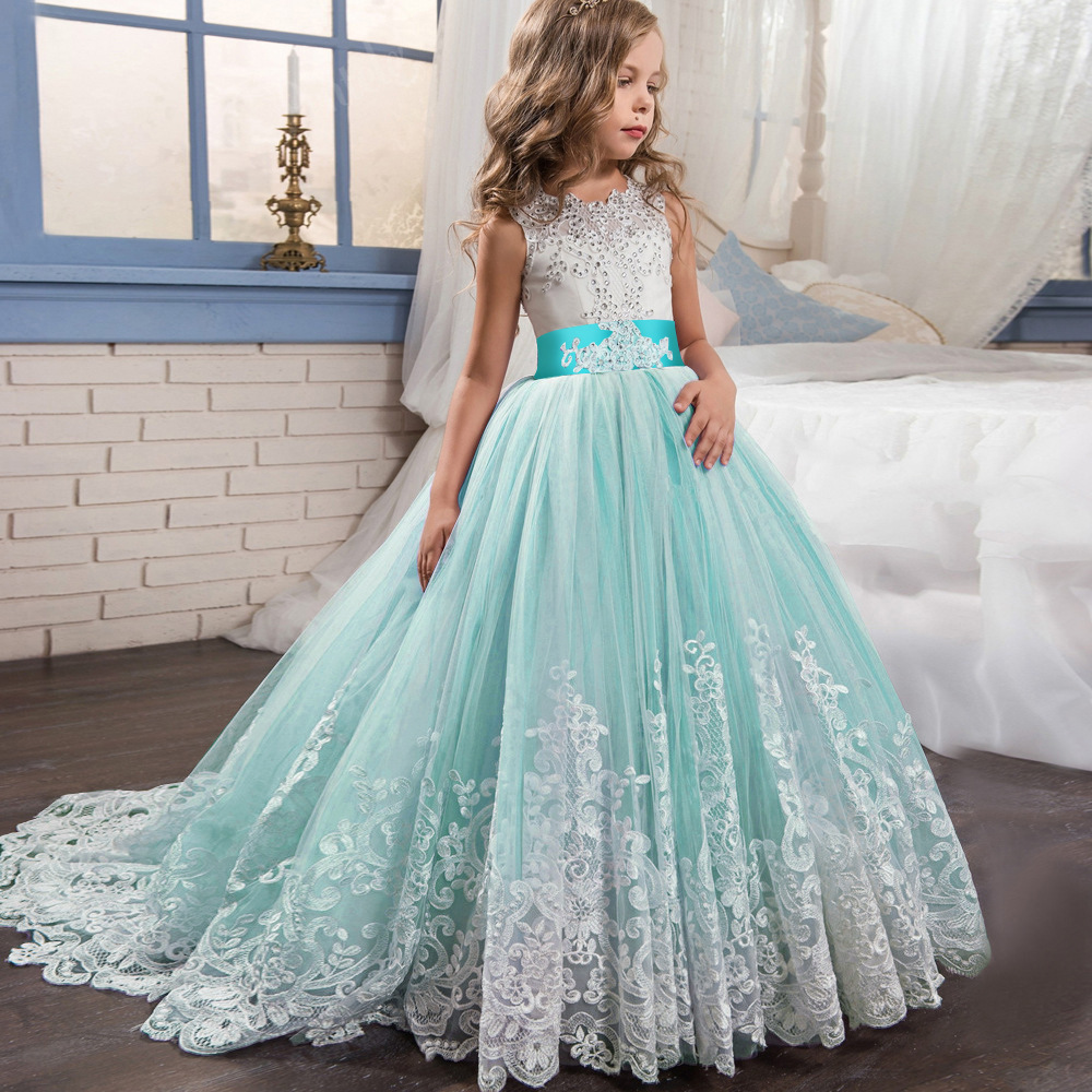 Long Tail Layered Dress Tulle Lace Kids Ball Gown Flower Girls Dress