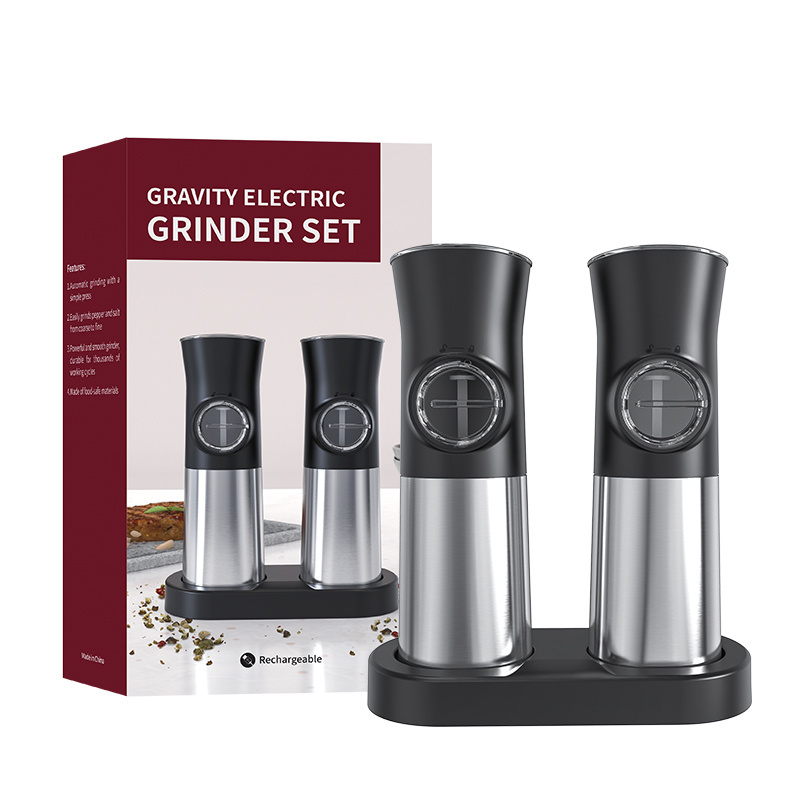 USB Rechargeable Stainless Steel Salt and Pepper Grinders Automatic Ceramic Electric Mill Set Gravity Operated