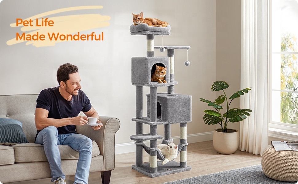 Manufacturer wholesale sisal short plush stable cat tree with hammock ladder