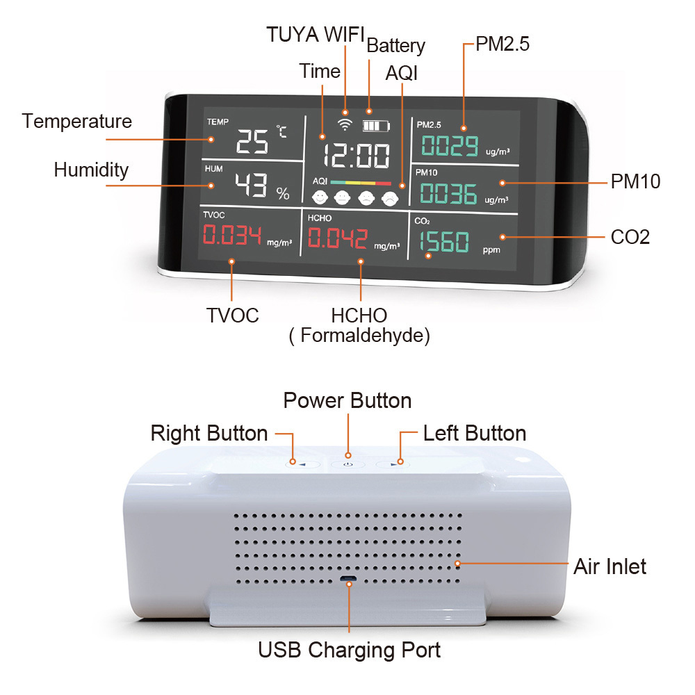 Tuya WiFi Intelligent Mobile Internet 10-in-1 Gas Analyzers Monitors CO2 PM2.5 PM10 HCHO TVOC AQI Clock Temperature Humidity