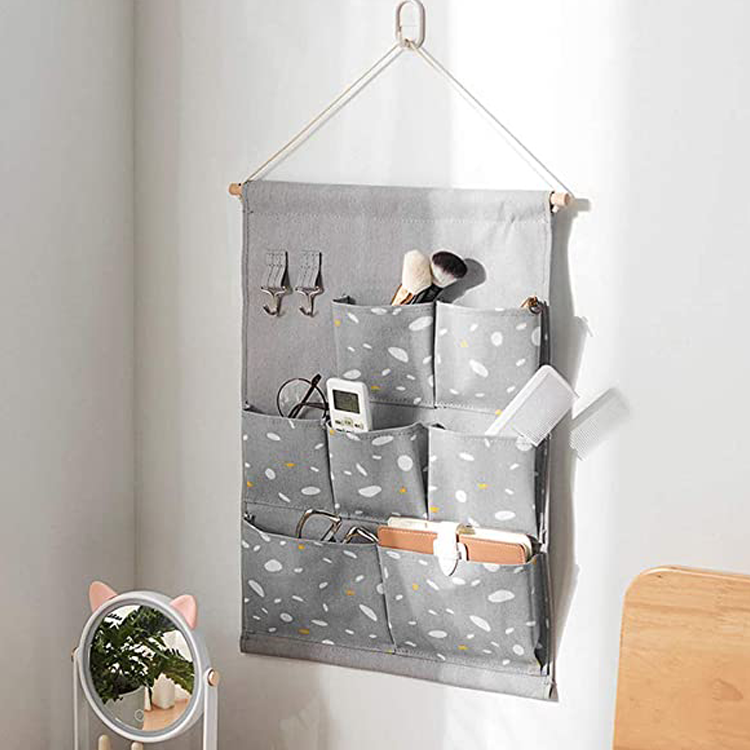 Over Door Hanging Storage 6 Pockets, Foldable Hanging Storage Organizer with 2 Hooks, White Stripe Pattern Hanging Shelves Close