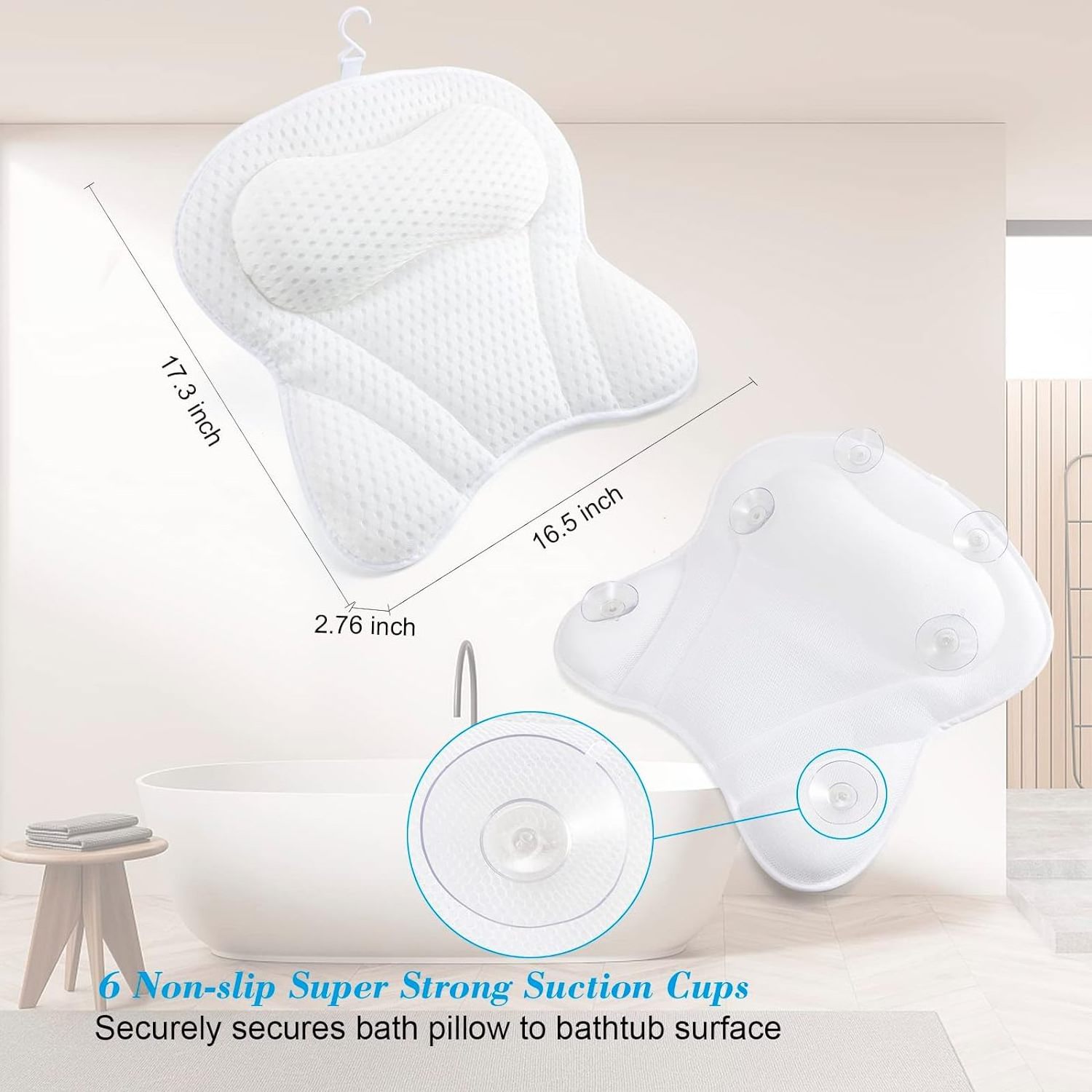 Ergonomic Bath Pillow Neck and Back Support Bath Cushion Air Mesh Technology Fits All Bathtub, Hot Tub and Home Spa