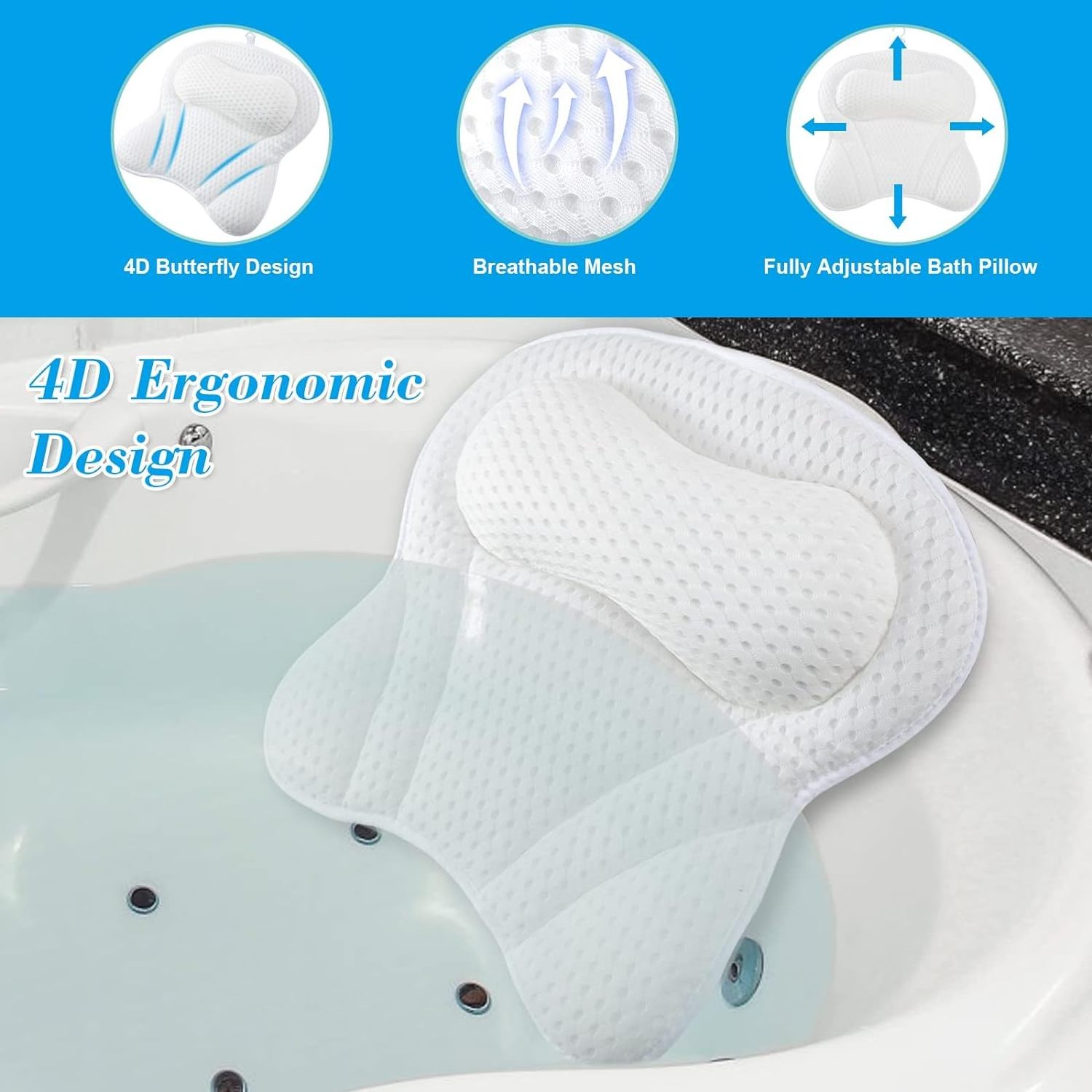 Ergonomic Bath Pillow Neck and Back Support Bath Cushion Air Mesh Technology Fits All Bathtub, Hot Tub and Home Spa