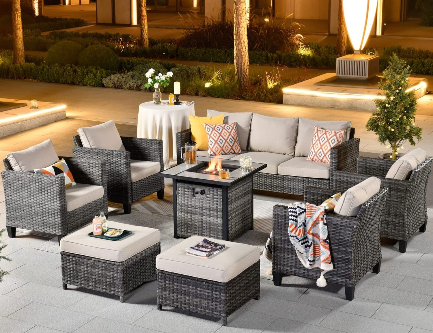 Modern Outdoor Fire Pit BBQ Table Set Outdoor Furniture Rattan Patio Sofa Set Patio Garden Beach Aluminum Sofa Set