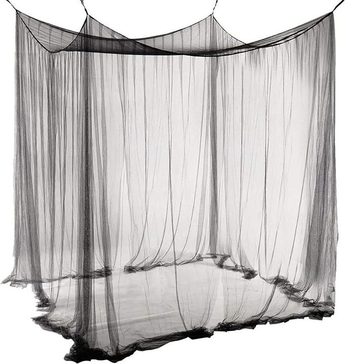 Double Mosquito Net Black 4 Poster Bed Canopy Decorative Princess Square Mosquito Net Large for Indoor Bedroom and Camping