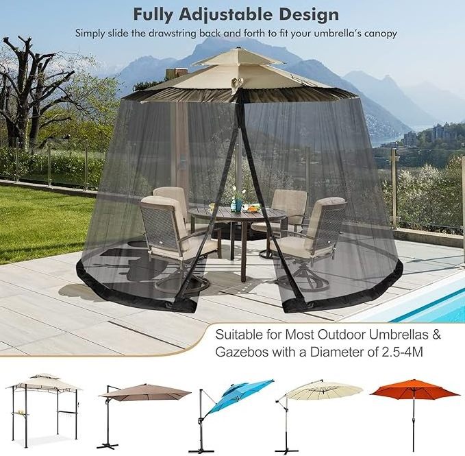 Patio Umbrella Mosquito Netting, Outdoor Offset Parasol Table Screen with Double Zippers and PVC Water Tubes at Base