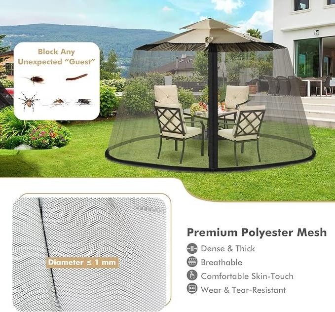 Patio Umbrella Mosquito Netting, Outdoor Offset Parasol Table Screen with Double Zippers and PVC Water Tubes at Base