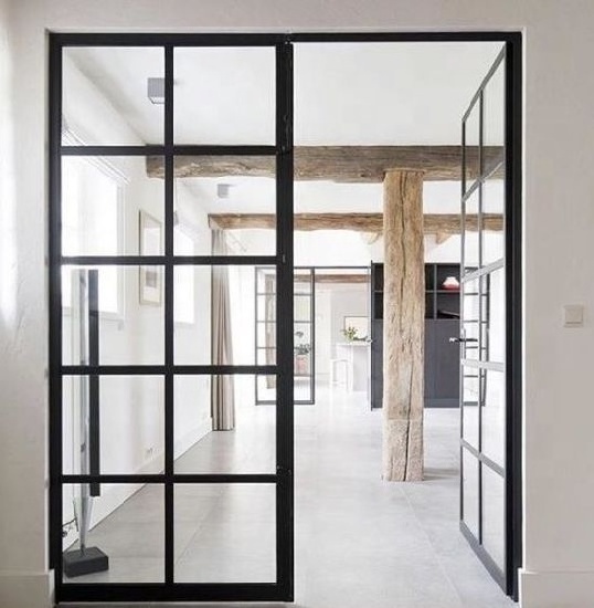 Black Steel Frame Exterior Double Glass French Aluminum Entry Swing Glass Doors