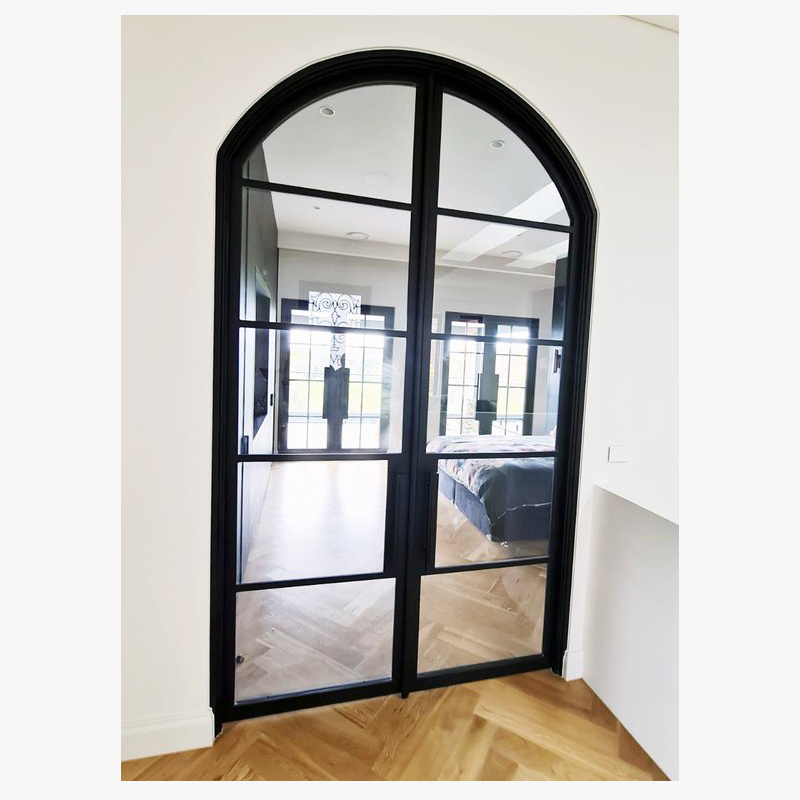 Black frame entry door custom designs powder coating glass and steel arched swing door