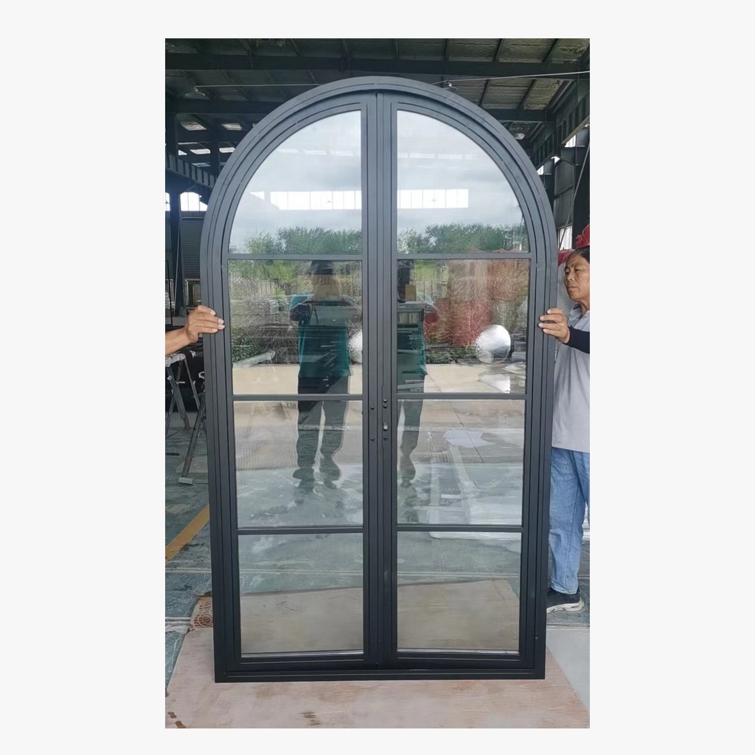 Black frame entry door custom designs powder coating glass and steel arched swing door