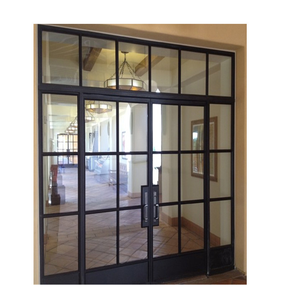 Customized Oversized Black Steel Swing Grill Iron Exterior Glass Front  French Doors