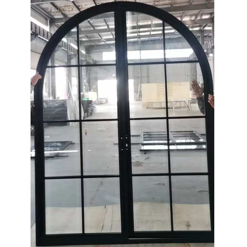 Customized steel security slim customized arch steel frames black metal swing glass double door