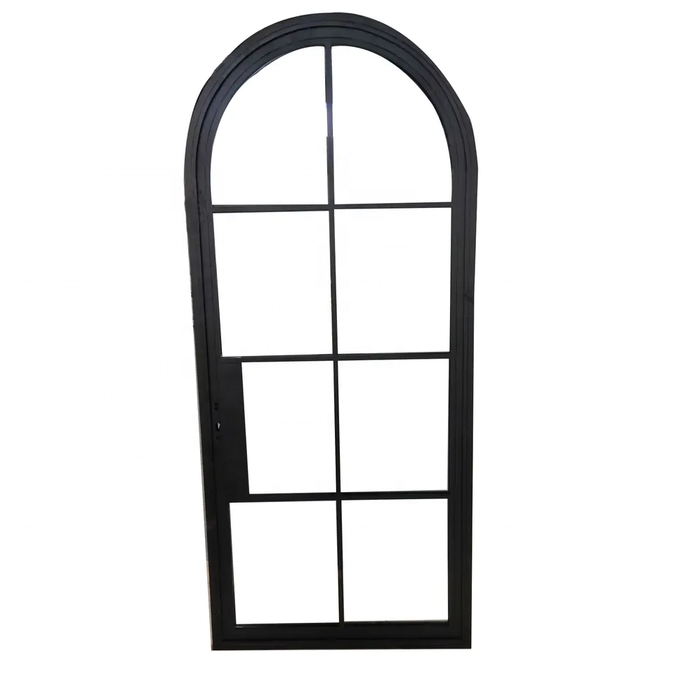 Customized steel security slim customized arch steel frames black metal swing glass double door