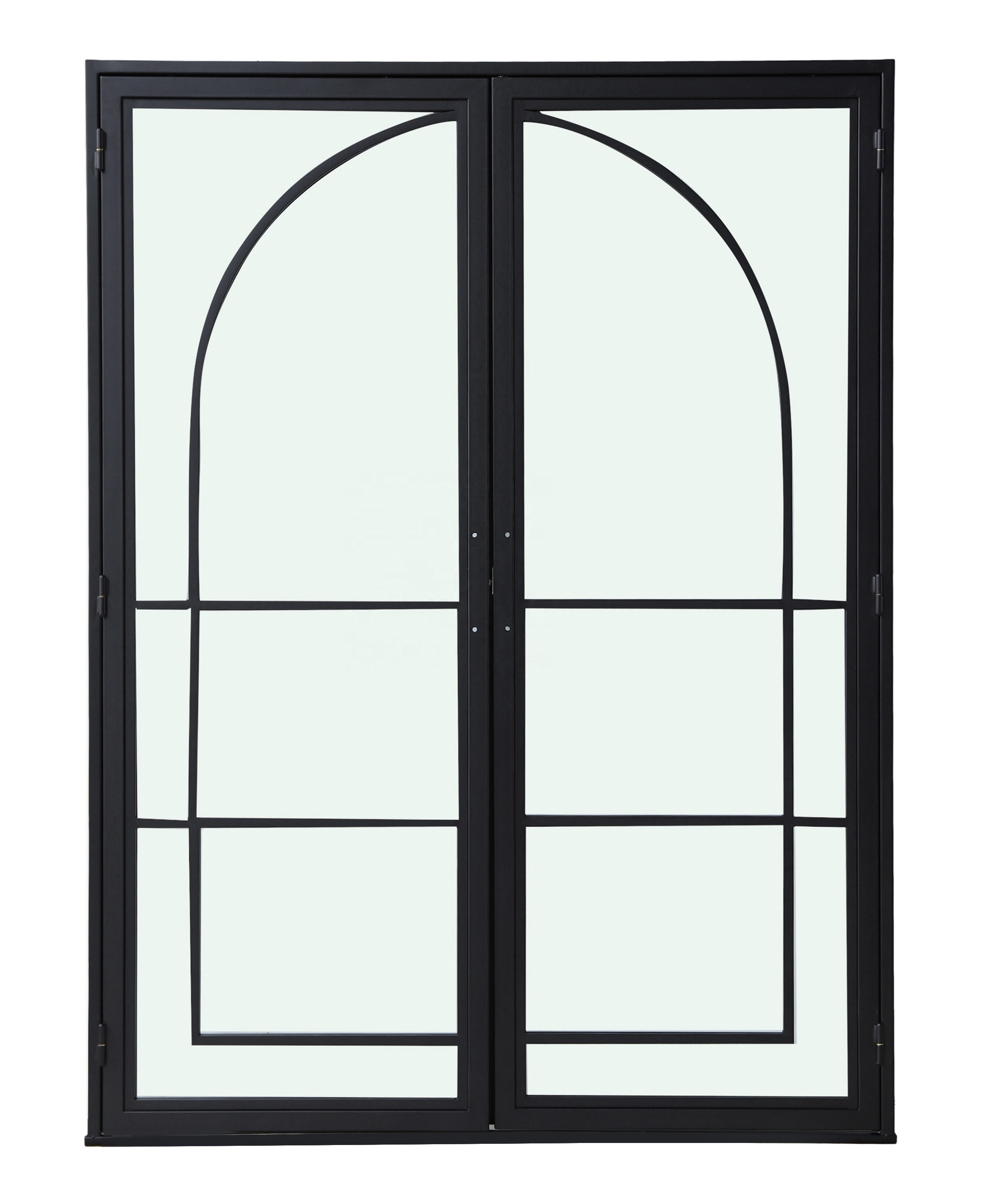 Customized steel security slim customized arch steel frames black metal swing glass double door