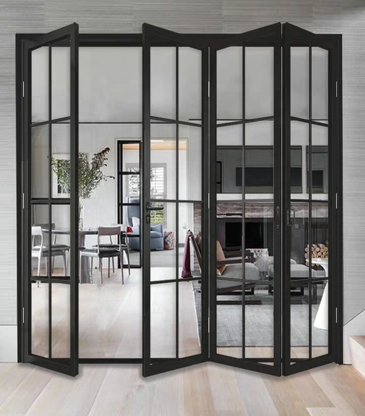 Exterior double wrought iron accordion folding metal frame French style glass door