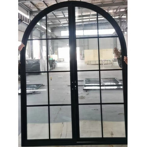 Exterior Arch Wrought Glass Door Steel Casement matte Black French Door With grids