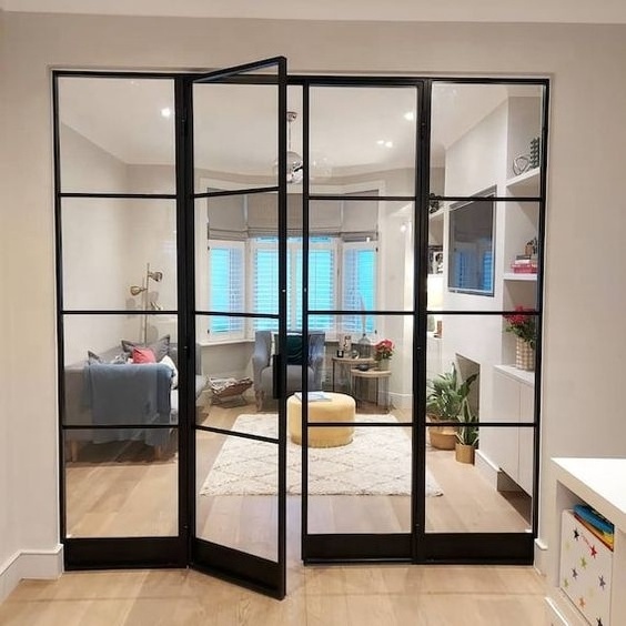 Customized Oversized Black Steel Swing Grill Iron Exterior Glass Front  French Doors