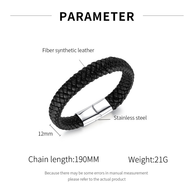 Hot selling mens black leather bracelet stainless steel leather wrist bracelet western fashion jewelry