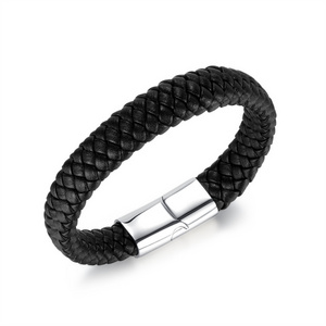 Hot selling mens black leather bracelet stainless steel leather wrist bracelet western fashion jewelry