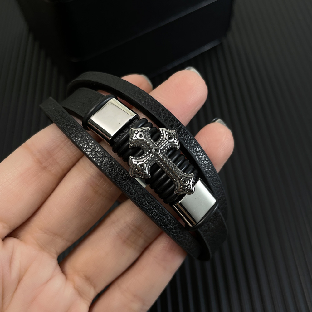 2024 New Fashion Men's Jewelry Cross Stainless Steel Bracelet With Magnetic Clasp 10mm Multilayer Genuine Leather Cuff Bracelet