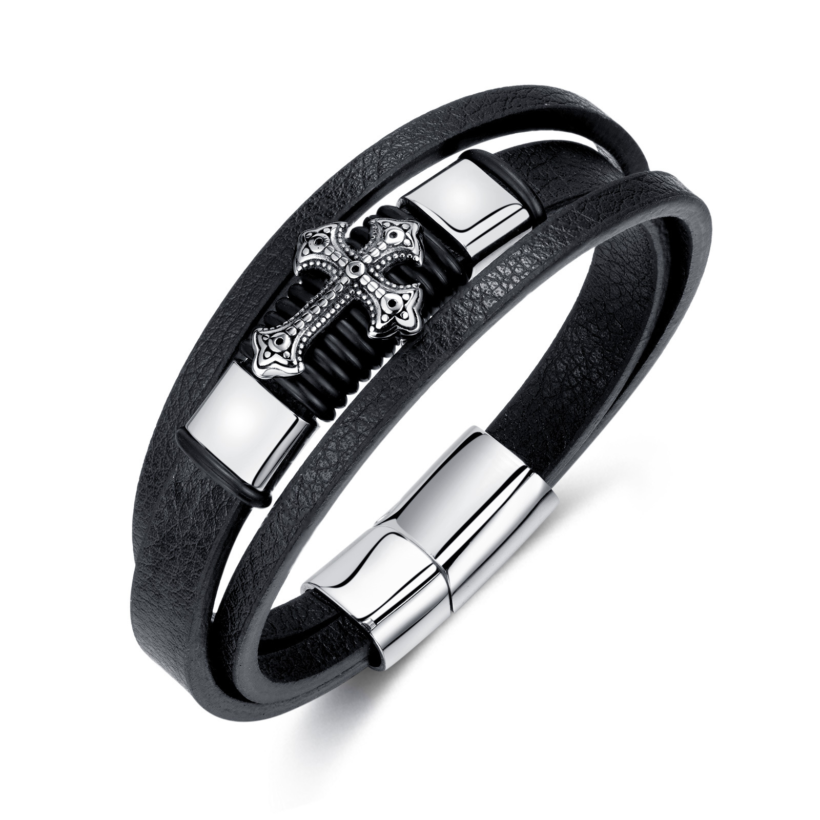 2024 New Fashion Men's Jewelry Cross Stainless Steel Bracelet With Magnetic Clasp 10mm Multilayer Genuine Leather Cuff Bracelet