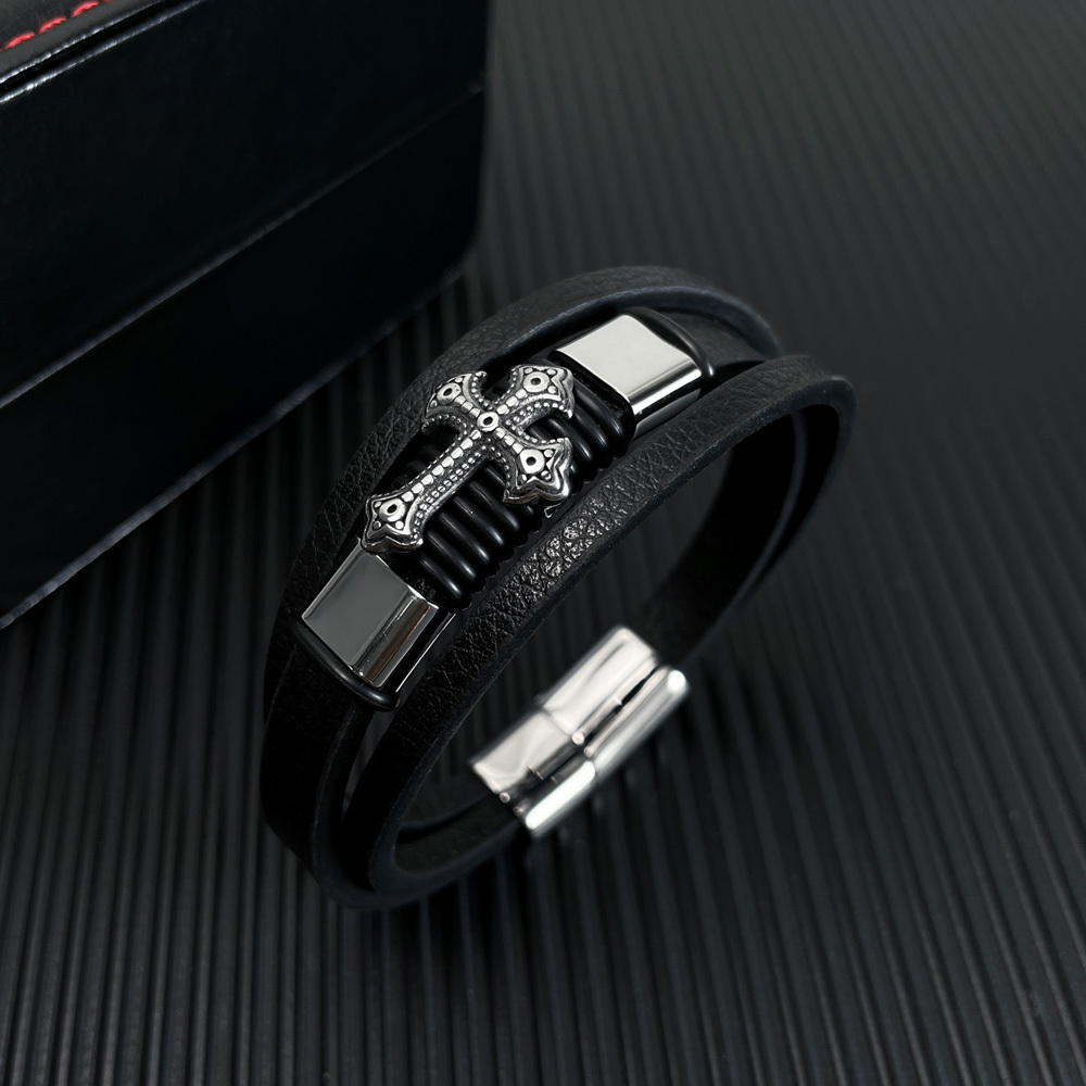 2024 New Fashion Men's Jewelry Cross Stainless Steel Bracelet With Magnetic Clasp 10mm Multilayer Genuine Leather Cuff Bracelet