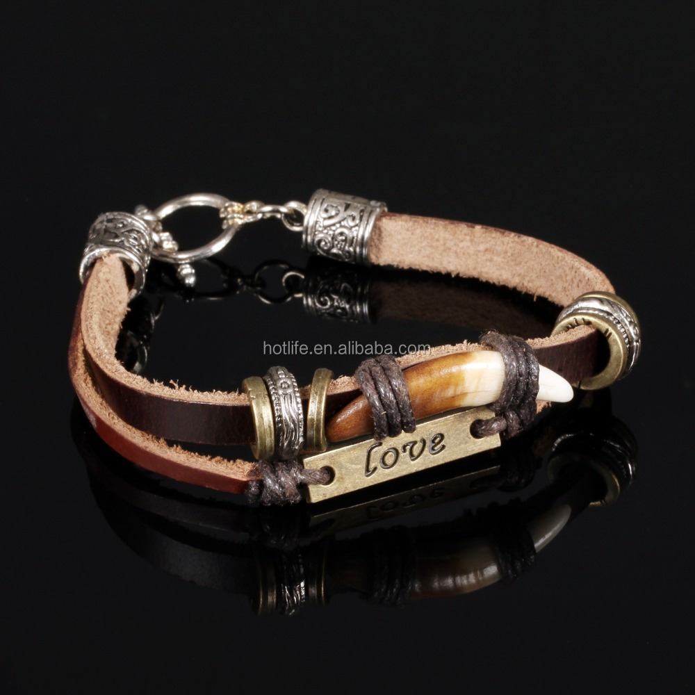 Antique jewelry handmade braided genuine leather buffalo horn bracelet with love charm plate