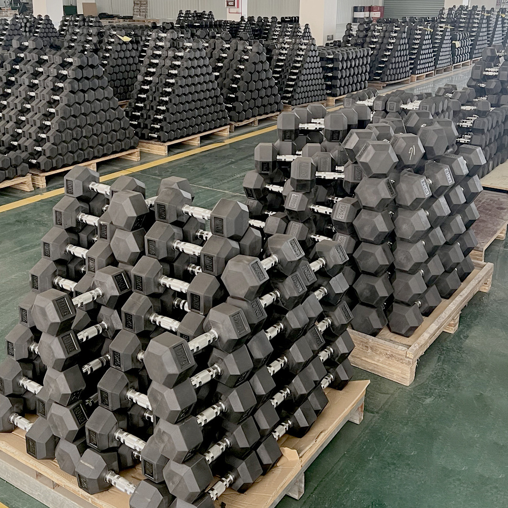 Factory Supplied Cheap Weights Training Hexagonal Rubber Coated Dumbells Hex Rubber Dumbbell