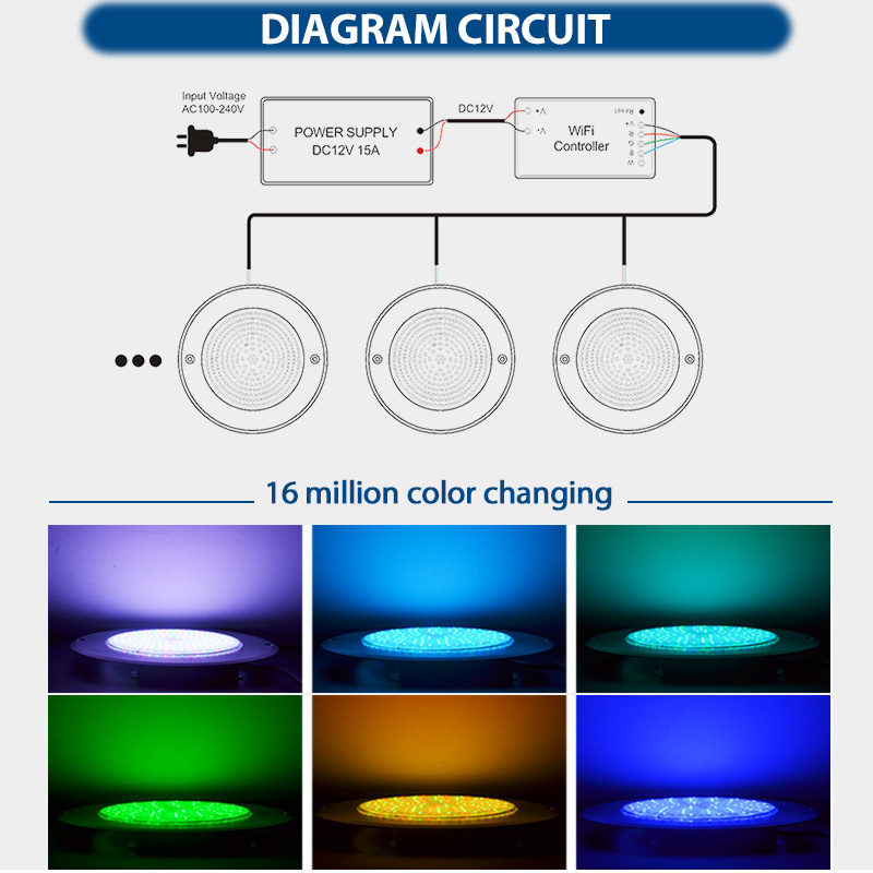 HOTOOK Custom Logo DC 12V Resin Filled Square Colored Wall Mounted Underwater LED Swimming Pool Light 12W IP68 With Wifi Remote