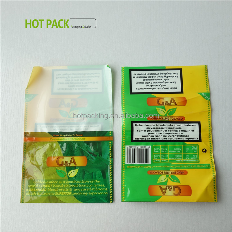 Wholesale 50g hand rolling tobacco leafs plastic pouch bags for smoking packaging with zip lock