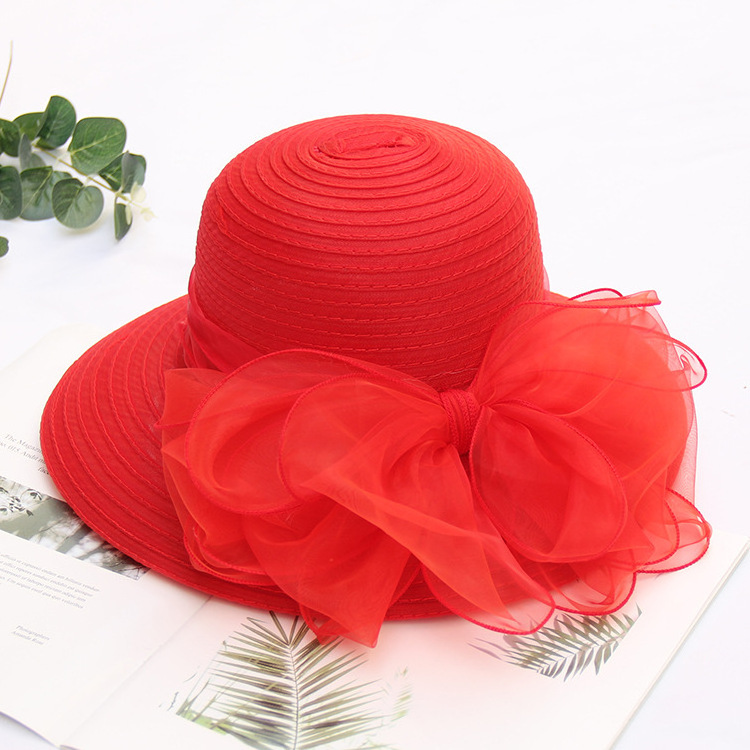 HT-2452 Wholesale Lace Bowknot Party Wide Brim Church Hats Foldable Fashion Sequin Mesh Sunshade Hat Beach Floral Tea Flower Wed