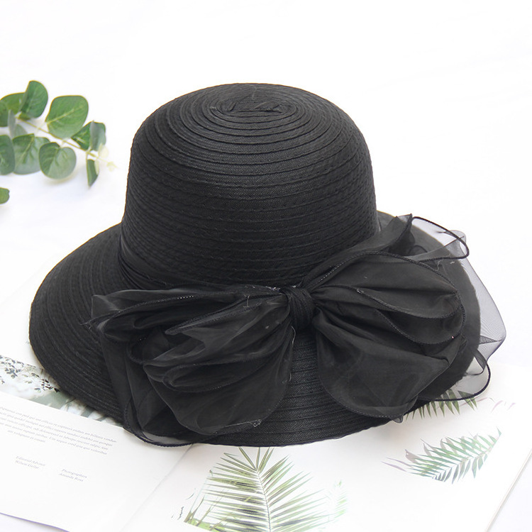 HT-2452 Wholesale Lace Bowknot Party Wide Brim Church Hats Foldable Fashion Sequin Mesh Sunshade Hat Beach Floral Tea Flower Wed