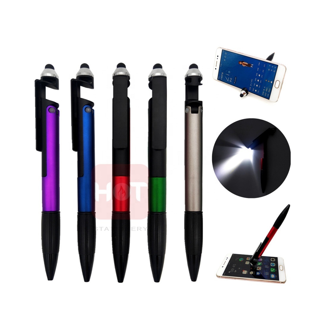 LOGO promotional Multi function Writing ink phone stand active stylus touching pen with led torch light