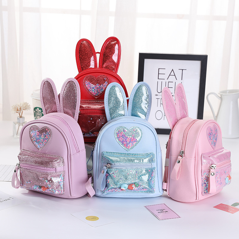 Girls Kids School PU Leather Shoulder Bags Casual Small Cute Cartoon Rabbit Ear Sequins Children Backpack