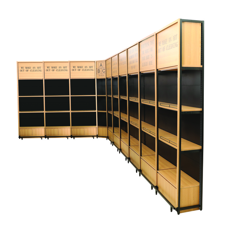 Best seller wooden shelf double side wooden retail display racks supermarket display shelves