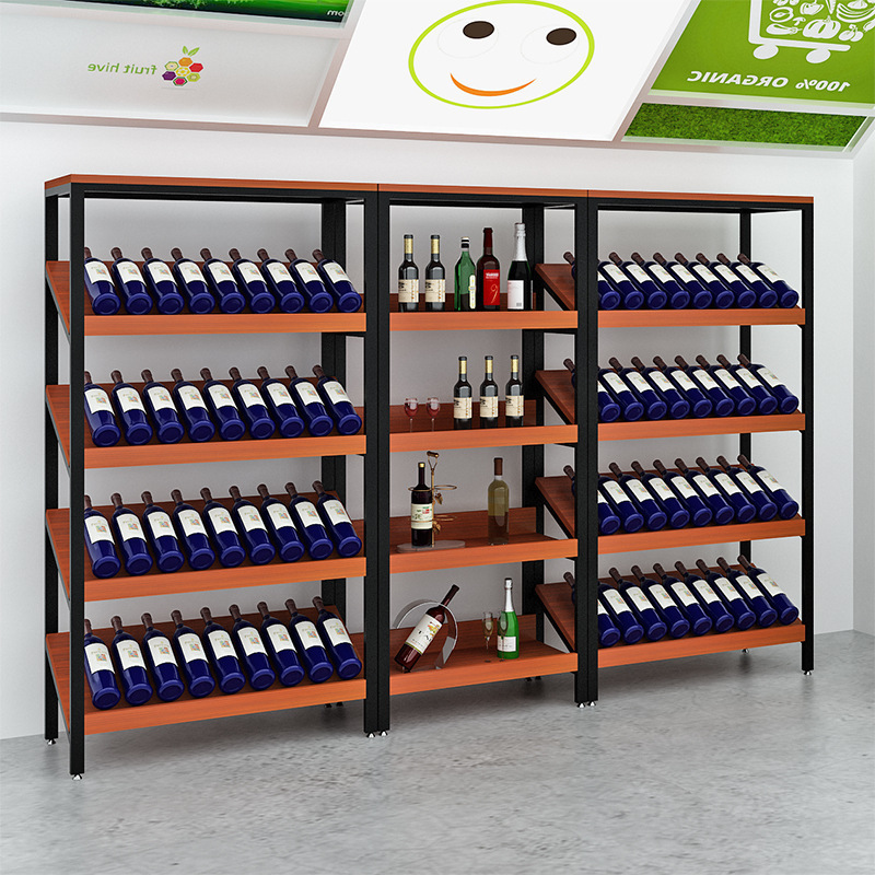 Supermarket inclined shelf convenience store snacks steel and wood shelves multi-layer display shelf