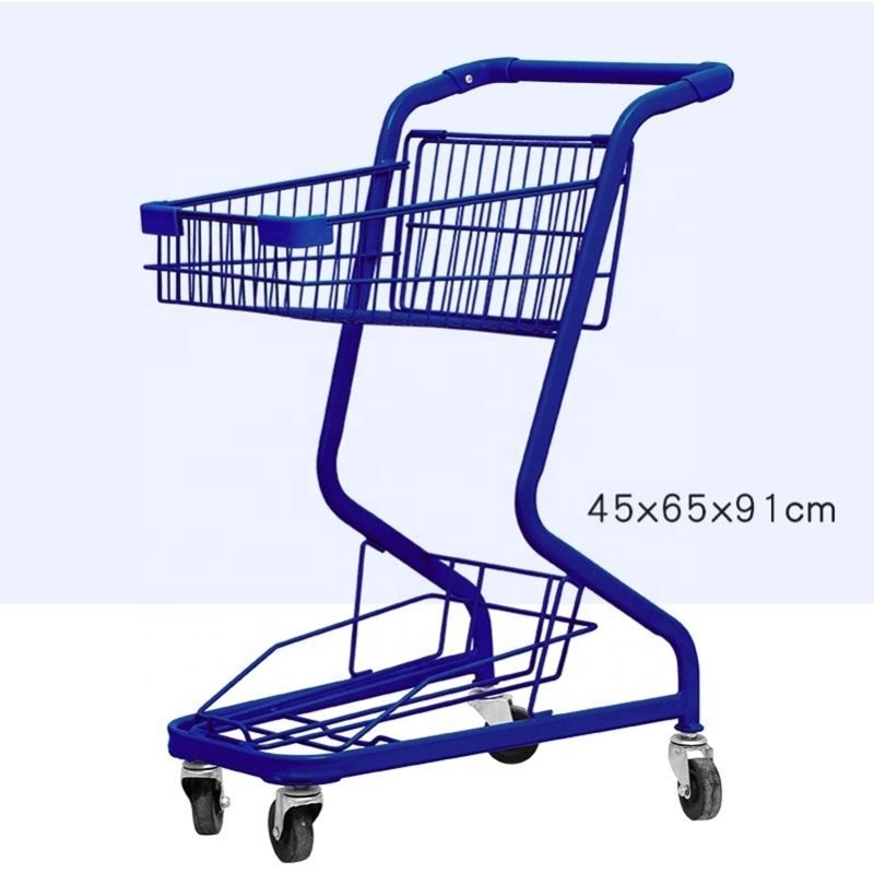 Professional Supplier 2-Tier Retail Shop Trolley Shopping Cart, Double Layers Supermarket Shopping Trolley Cart Basket Trolley