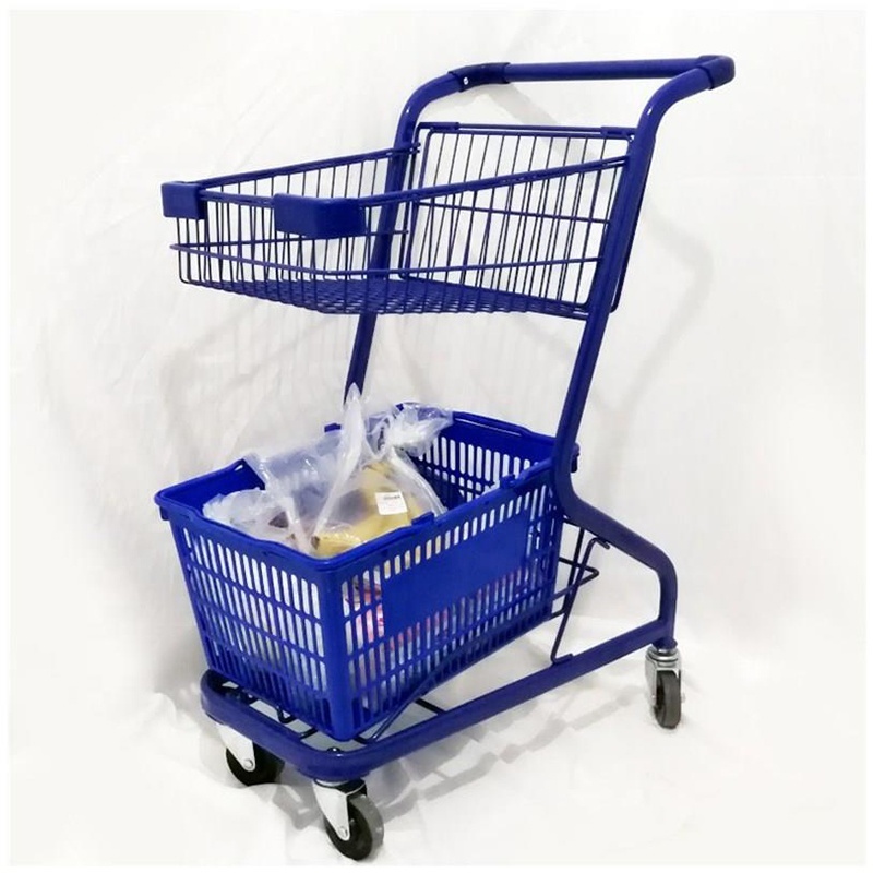 Professional Supplier 2-Tier Retail Shop Trolley Shopping Cart, Double Layers Supermarket Shopping Trolley Cart Basket Trolley