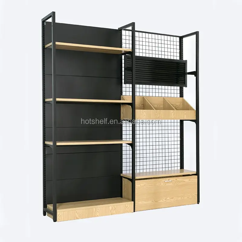 retail store single-sided display stands wire mesh back wooden supermarket shelves customized