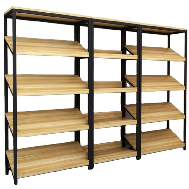 Supermarket inclined shelf convenience store snacks steel and wood shelves multi-layer display shelf