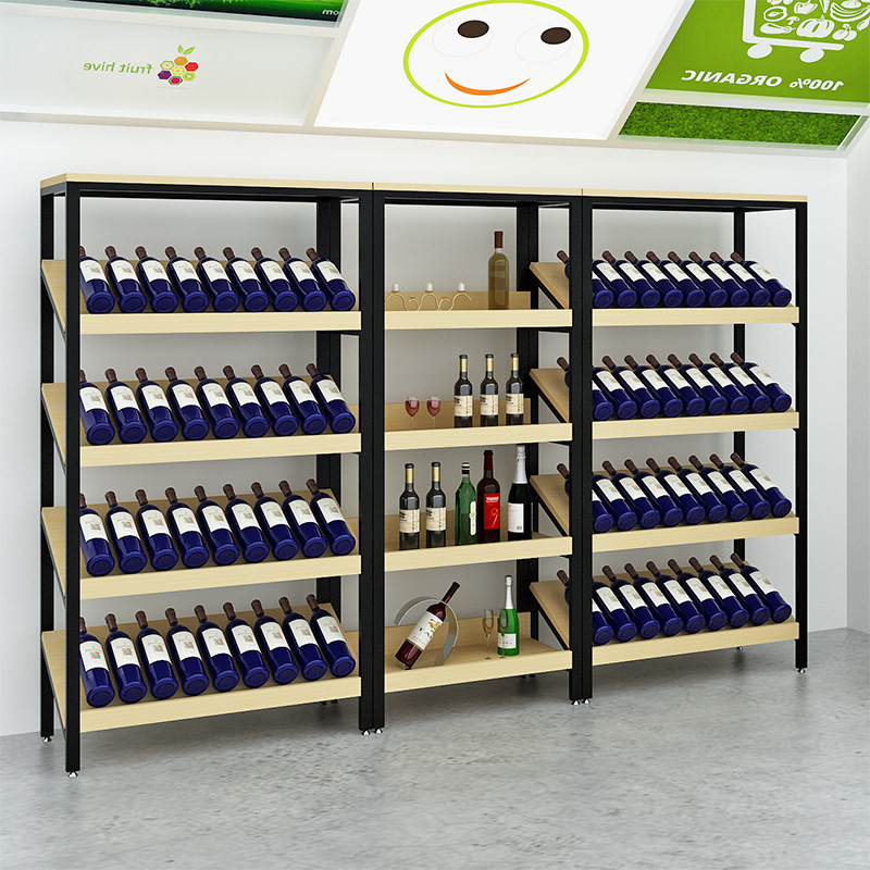 Supermarket inclined shelf convenience store snacks steel and wood shelves multi-layer display shelf