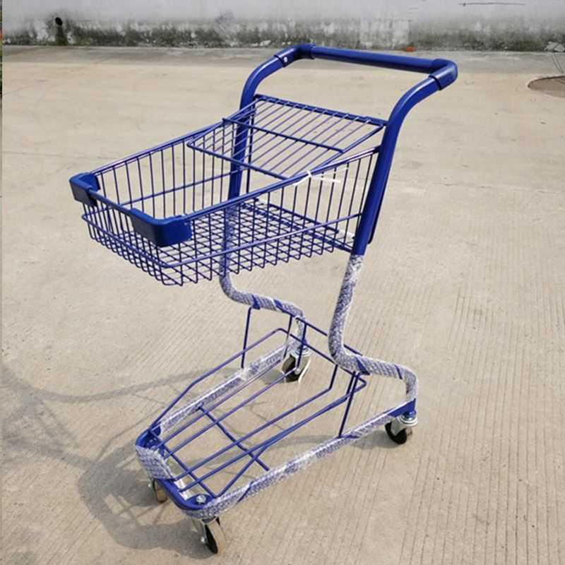 Professional Supplier 2-Tier Retail Shop Trolley Shopping Cart, Double Layers Supermarket Shopping Trolley Cart Basket Trolley