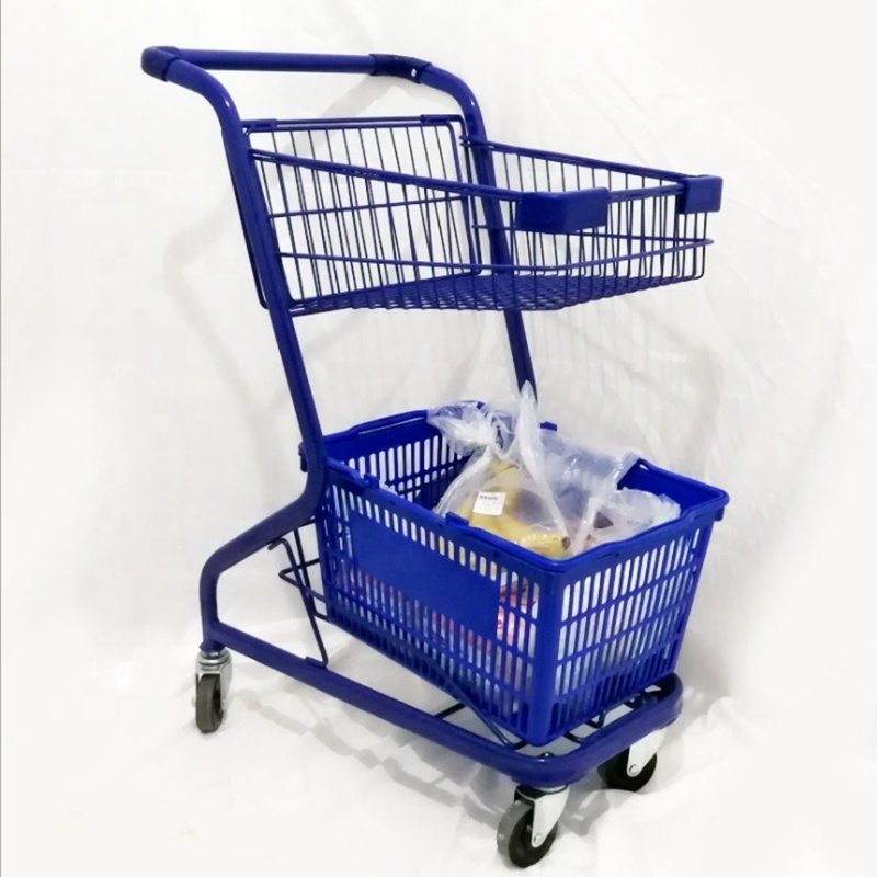 Professional Supplier 2-Tier Retail Shop Trolley Shopping Cart, Double Layers Supermarket Shopping Trolley Cart Basket Trolley