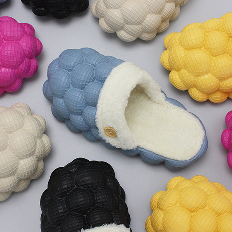 Trendy Lychee Bubble Cotton Slippers Winter Household Warm Cover Toe Outdoor EVA Plush Cotton Slides Home Shoes Wholesale