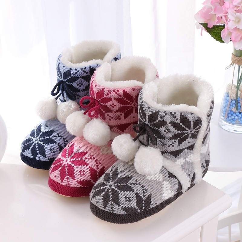 Snowflake knitted winter warm home slipper booties indoor boots with cosy sherpa lining and  non-slip TPR out sole