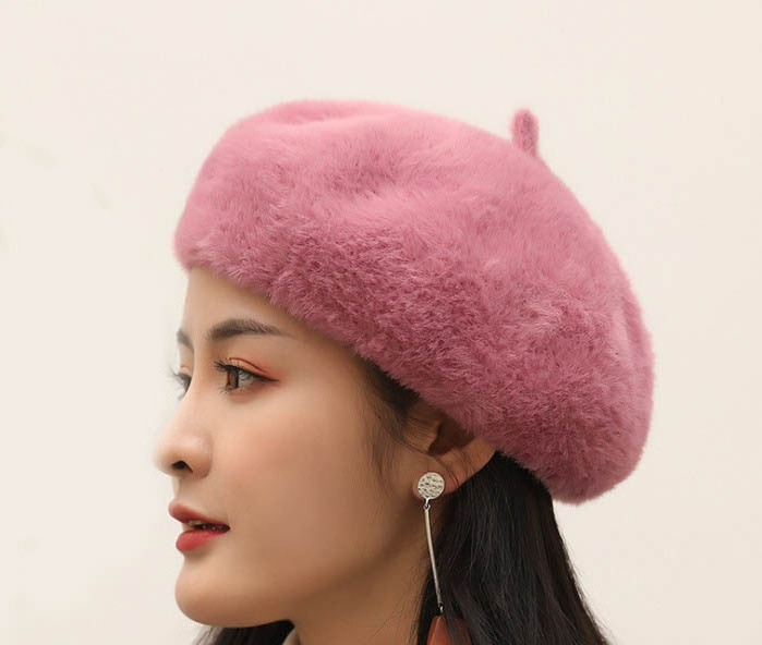 Ladies Women Faux Mink Fur Knit Beret Hat with Adjustable String