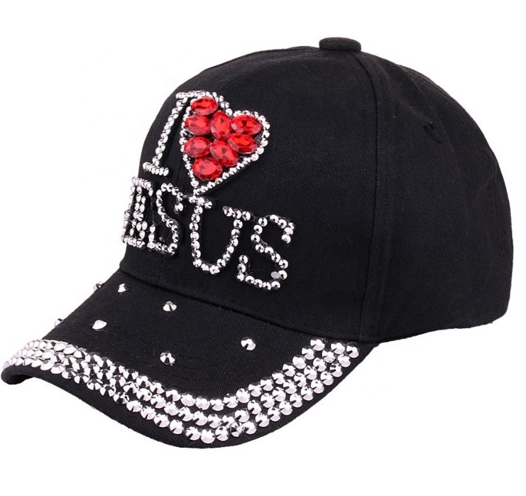 Cotton Denim Bling Baseball Cap with Jesus Beaded and Embellished Rhinestone Leather Strap Back Closure