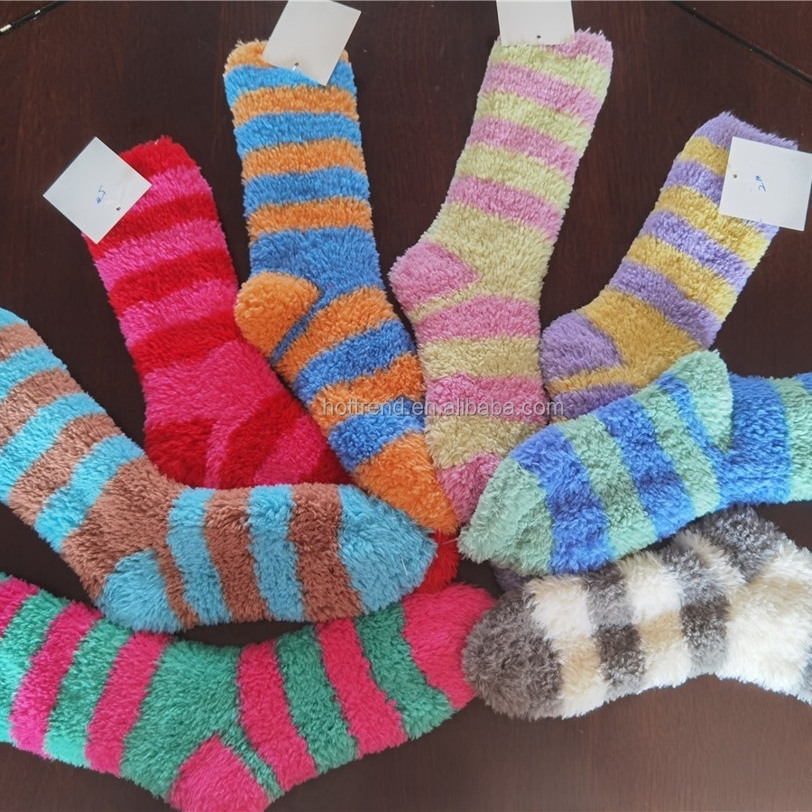 Women's Woman's Ladies Female New Cozy Fuzzy Fluffy Feather Yarn Stripe Knitted Winter Crew Socks