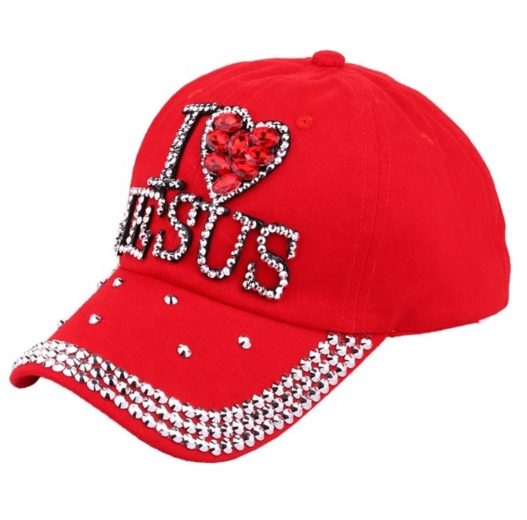 Cotton Denim Bling Baseball Cap with Jesus Beaded and Embellished Rhinestone Leather Strap Back Closure