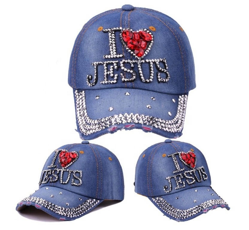 Cotton Denim Bling Baseball Cap with Jesus Beaded and Embellished Rhinestone Leather Strap Back Closure